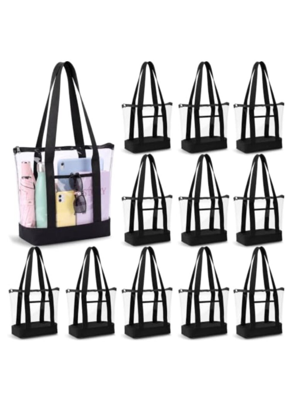 12 Pack Clear PVC Tote Bags with Zipper, Stadium Approved, Travel Organizer